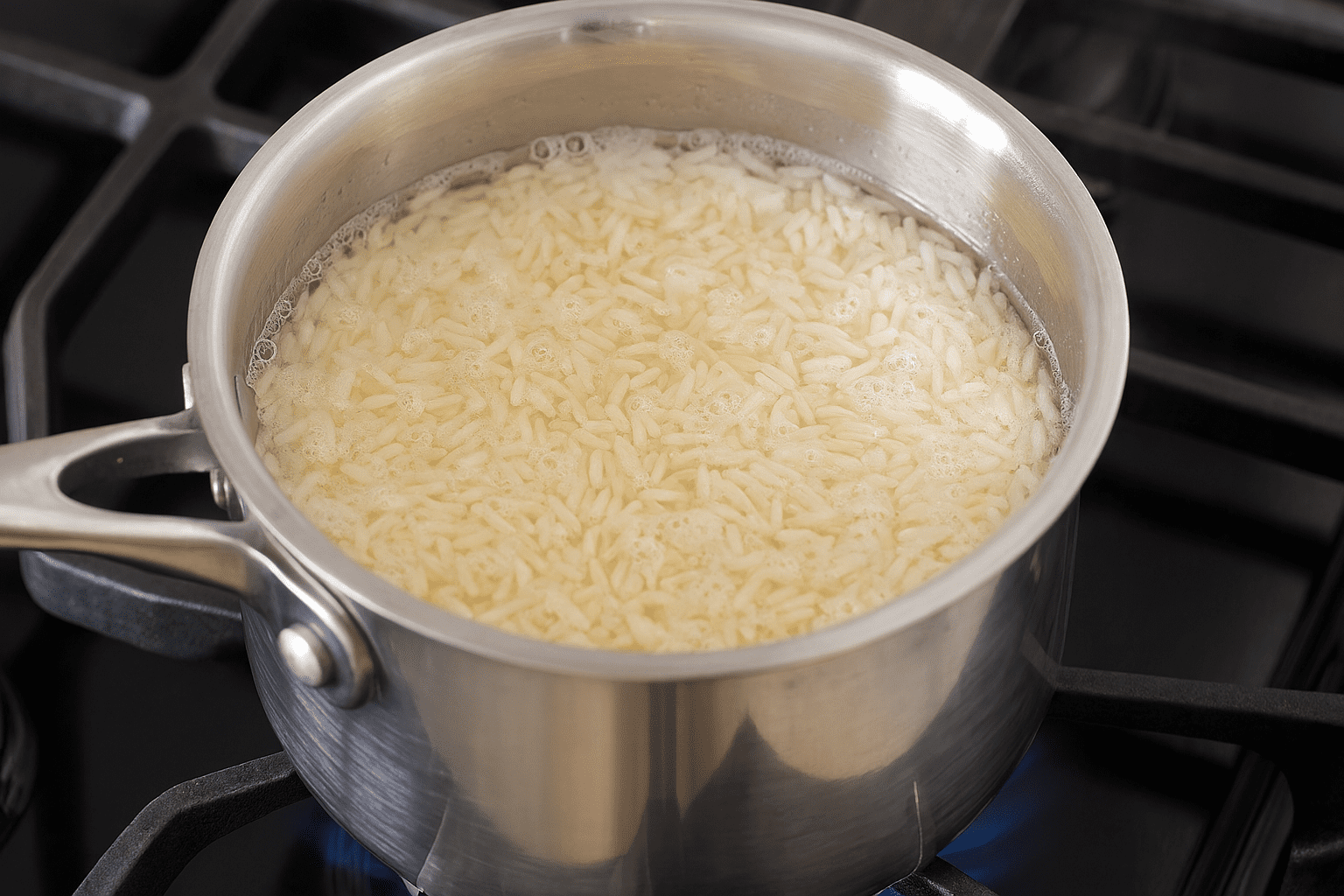 Panela de inox com arroz cozinhando, grãos borbulhando na água e vapor subindo