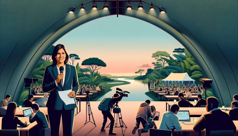 Janja em destaque na conferência em Belém, com jornalistas e vegetação amazônica ao redor, destacando-se ao rebater chanceler alemão.