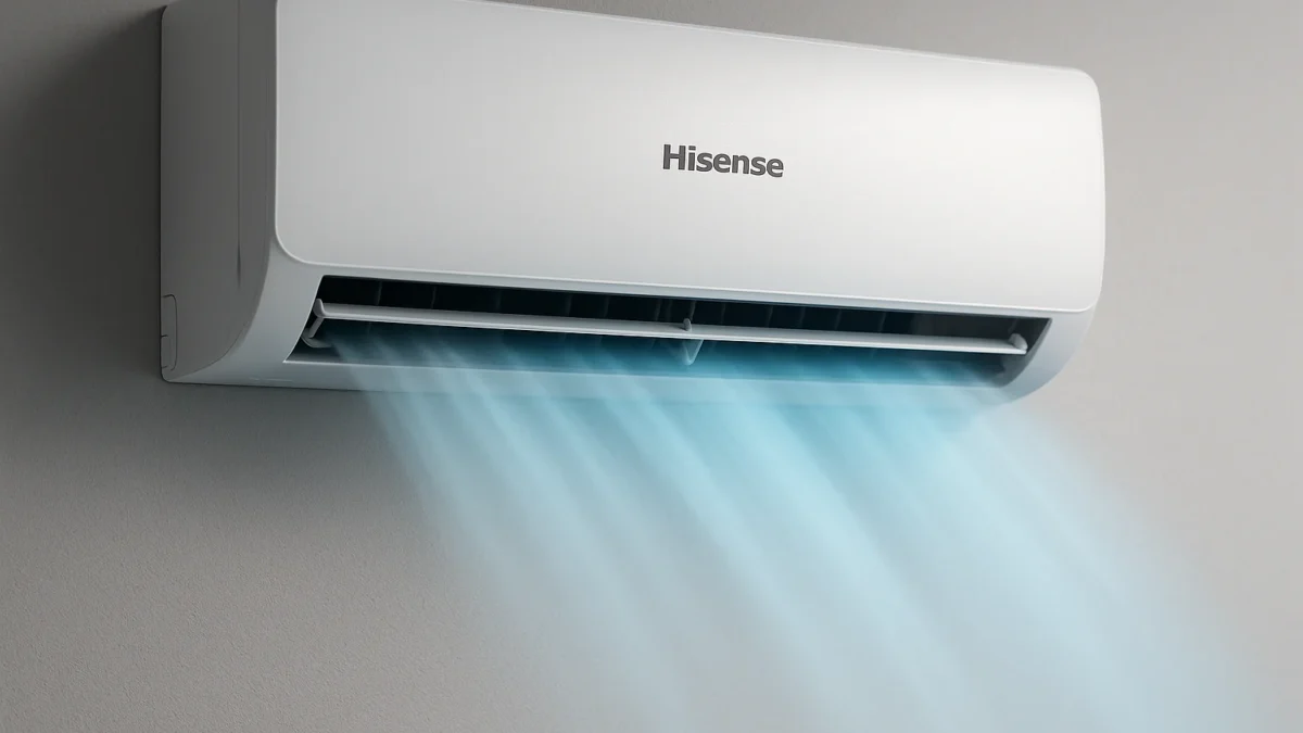 Ar condicionado Hisense é na parede do quarto, com ar frio saindo em destaque