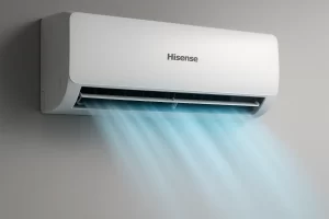 Ar condicionado Hisense é na parede do quarto, com ar frio saindo em destaque