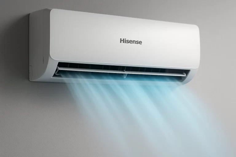 Ar condicionado Hisense é na parede do quarto, com ar frio saindo em destaque