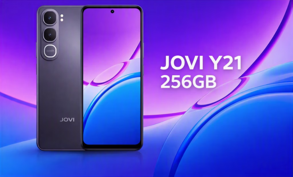 Smartphone JOVI Y21 preto visto de frente e verso, exibindo tela vibrante com fundo roxo e azul e o texto “JOVI Y21 256GB” ao lado, sobre fundo gradiente moderno.