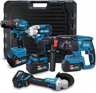 Kit Ferramentas Multifuncional 4 em 1, Furadeira Elétrica Martelo Rotativo Chave de Impacto Parafusadeira e Esmerilhadeira, com Maleta e 2 Baterias 48V