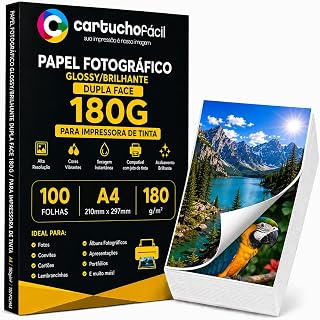 Papel Fotográfico Dupla Face A4 180g/m² Glossy Brilhante 100 Folhas Frente e Verso para Impressora de Tinta